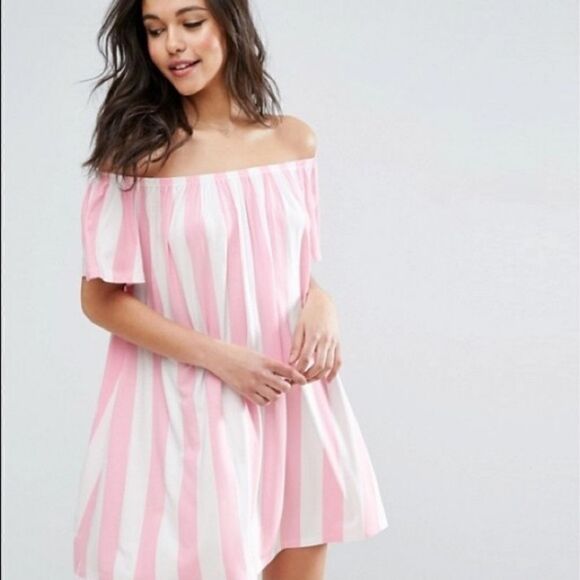 ASOS Pink White Stripe Cabana Candy Stripe Off Shoulder Short Sleeve Dress 8 - Picture 1 of 12
